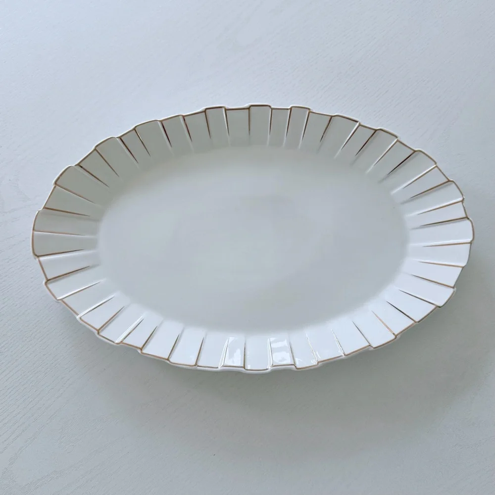 Oval Scalloped Ceramic Platter with Gold Tone Trim Accent